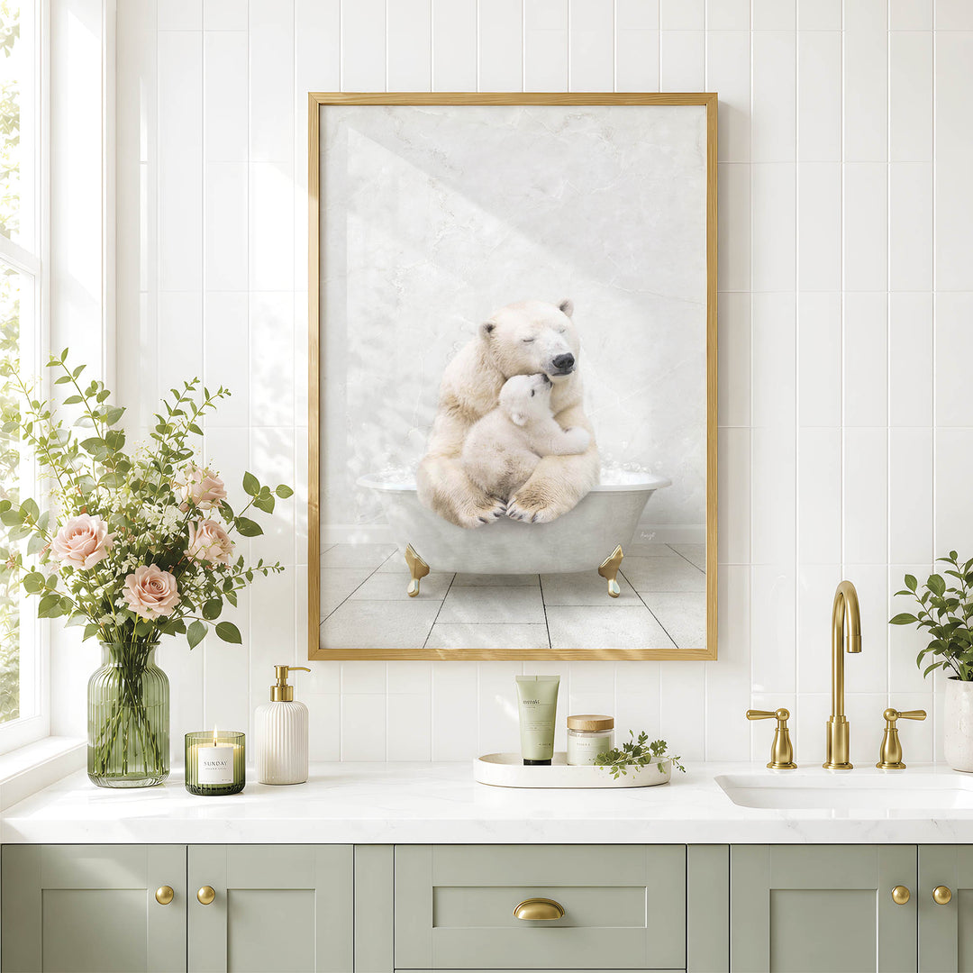 a bathroom with a large framed picture of a polar bear sitting in a bathtub, surrounded by flowers and greenery. The bathroom has a white countertop, a sink, and a mirror.