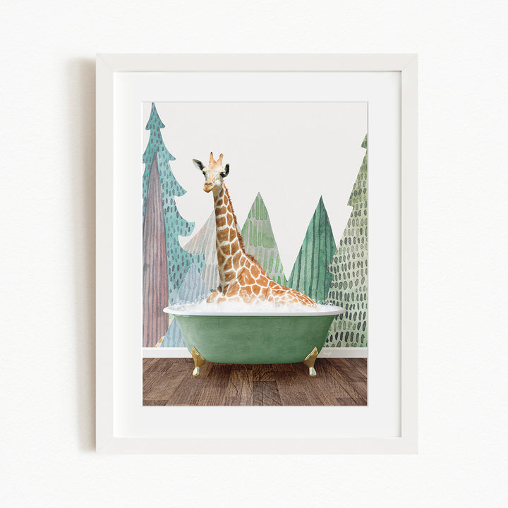 A giraffe sitting in a green bathtub, surrounded by trees and a forest-like background.
