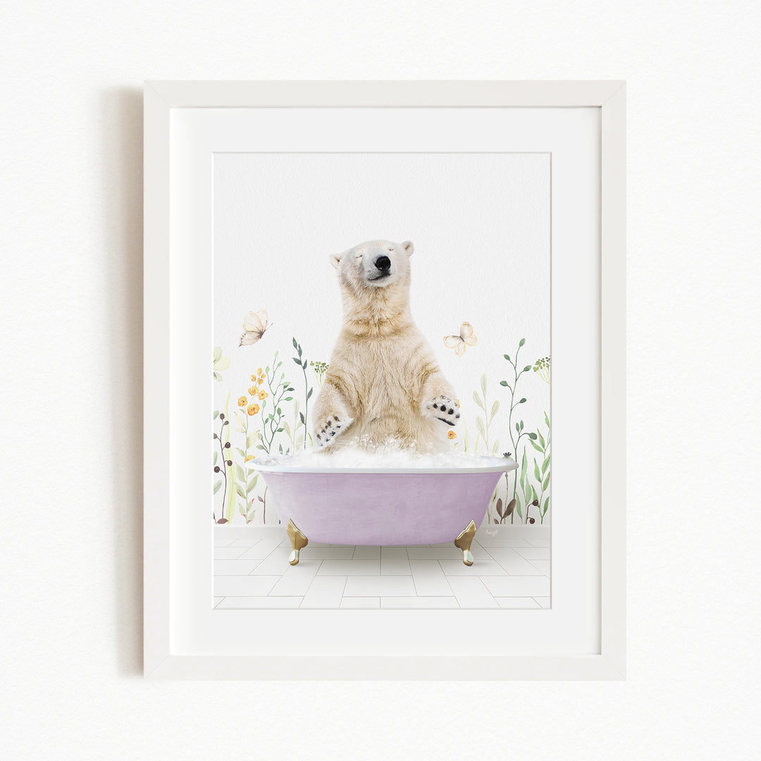 A polar bear is sitting in a purple bathtub filled with bubbles, surrounded by flowers and butterflies.