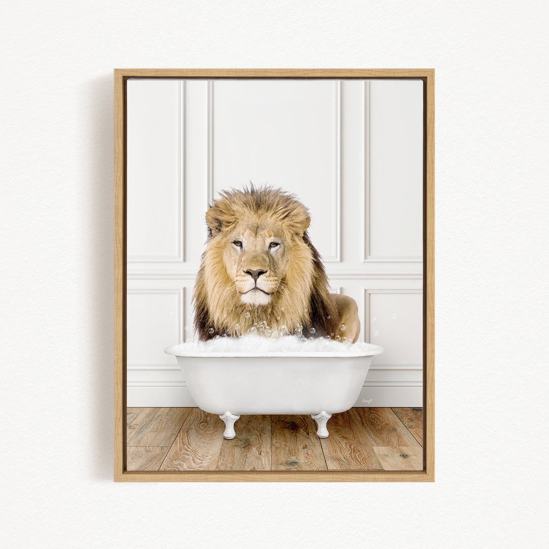 A lion sitting in a white bathtub filled with bubbles, looking directly at the camera.