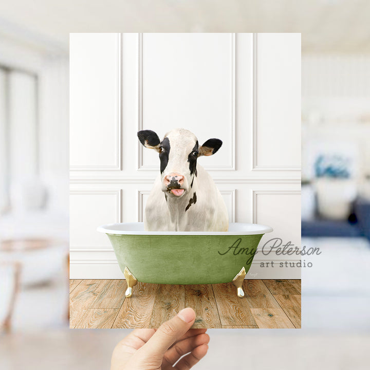 a cow sticking its head out of a bathtub