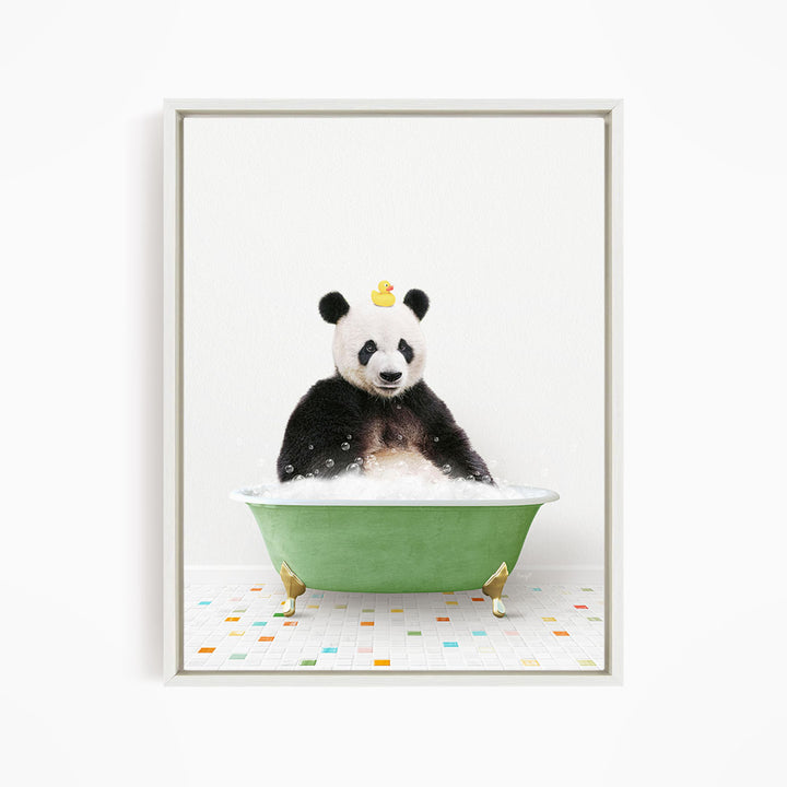 A panda bear sitting in a green bathtub, with a rubber duck on its head, against a white background.