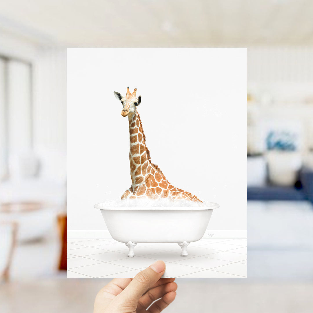 A giraffe sitting in a white bathtub filled with water, creating a whimsical and playful scene.