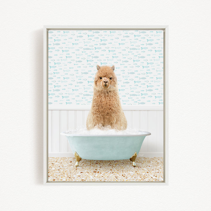 A fluffy brown dog sitting in a light blue bathtub filled with bubbles, with a patterned wall behind it.
