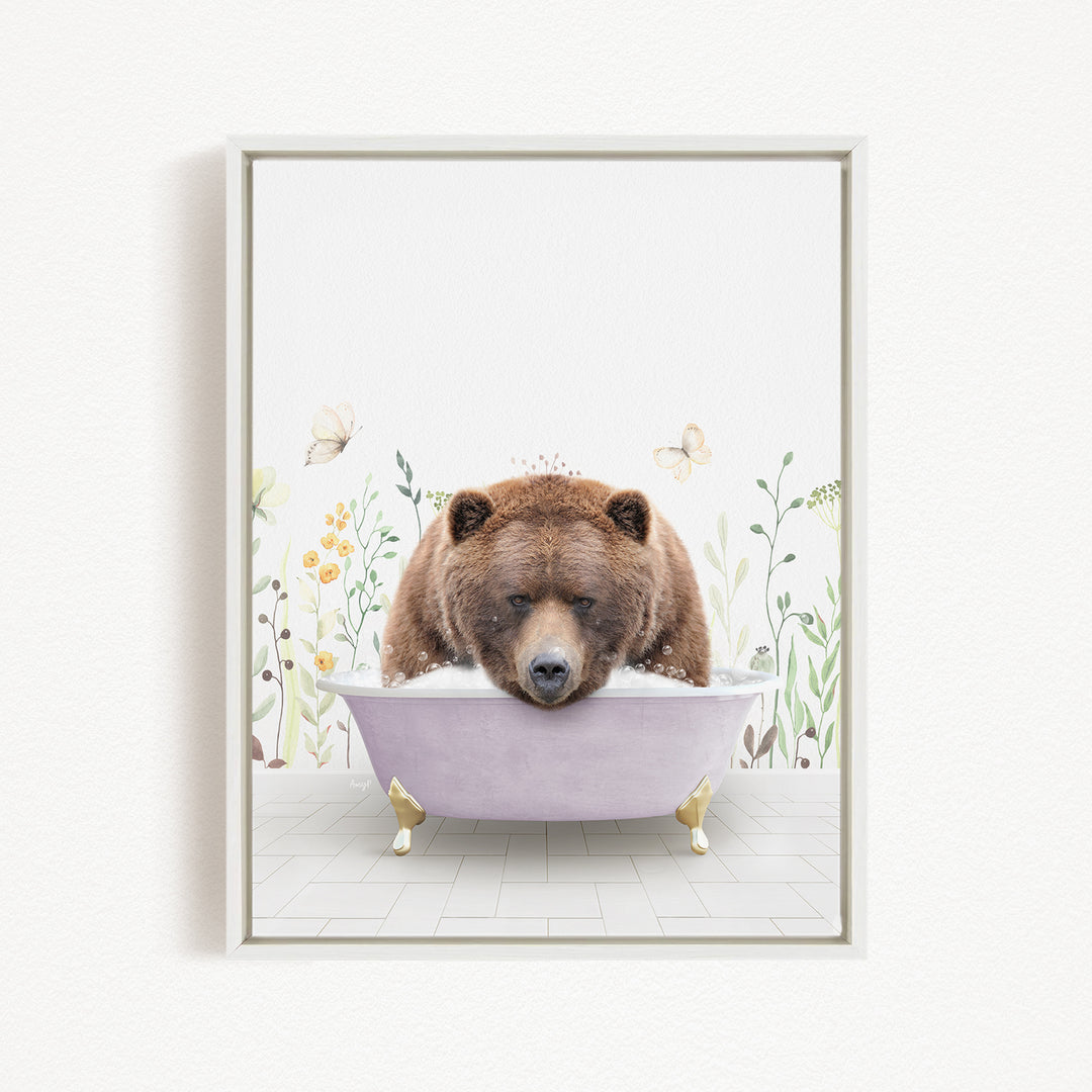 A brown bear is sitting in a purple bathtub, surrounded by flowers and butterflies, creating a whimsical and playful scene.