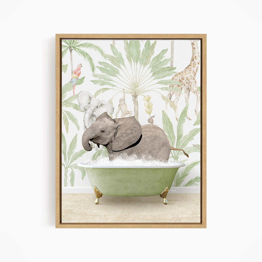 A baby elephant sitting in a green bathtub, surrounded by tropical foliage and animals, including a giraffe and a parrot.