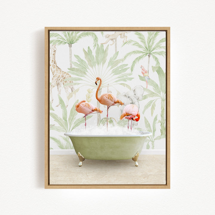 A framed print depicting a group of flamingos standing in a green bathtub, surrounded by a tropical wallpaper with palm trees and other wildlife.