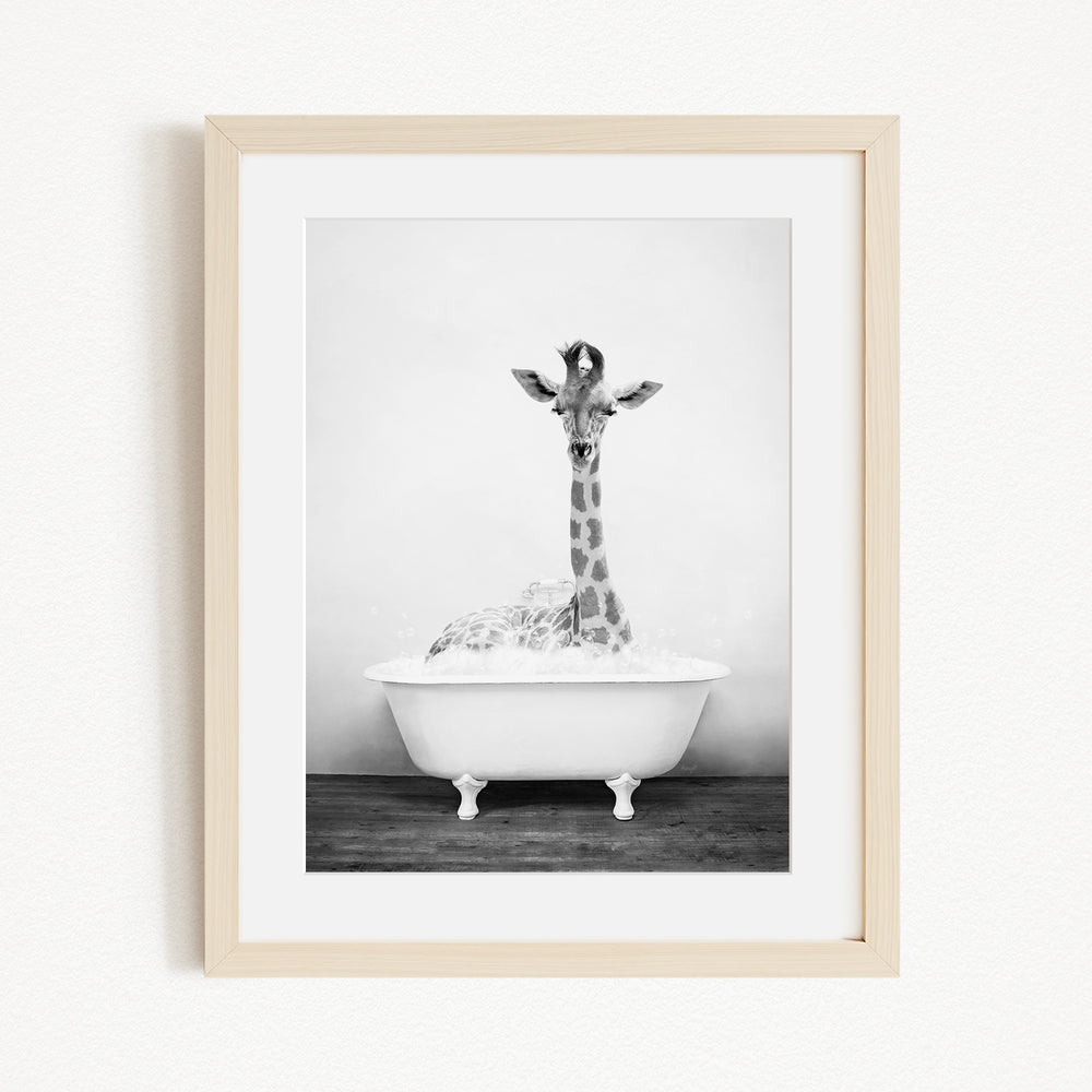 A giraffe standing in a white bathtub filled with water, creating a whimsical and playful scene.