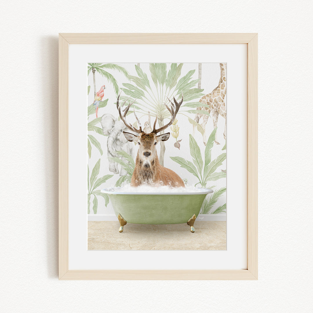 A deer with antlers is sitting in a green bathtub, surrounded by a tropical forest backdrop.