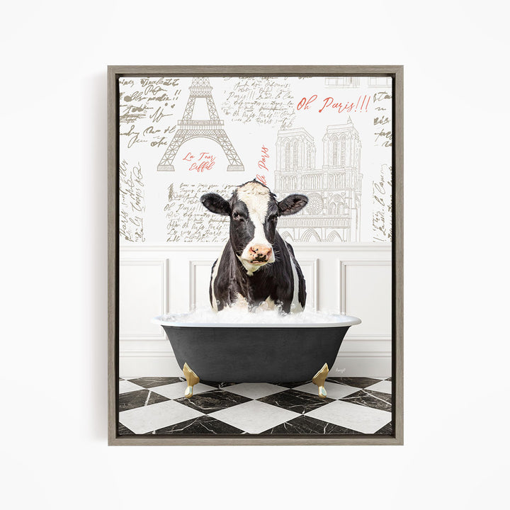 A black and white cow is sitting in a bathtub filled with water, surrounded by a Paris-themed background with the Eiffel Tower and other landmarks.
