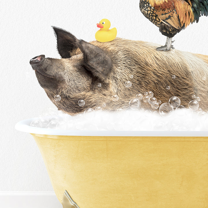 a pig in a bathtub with a rubber duck on top of it