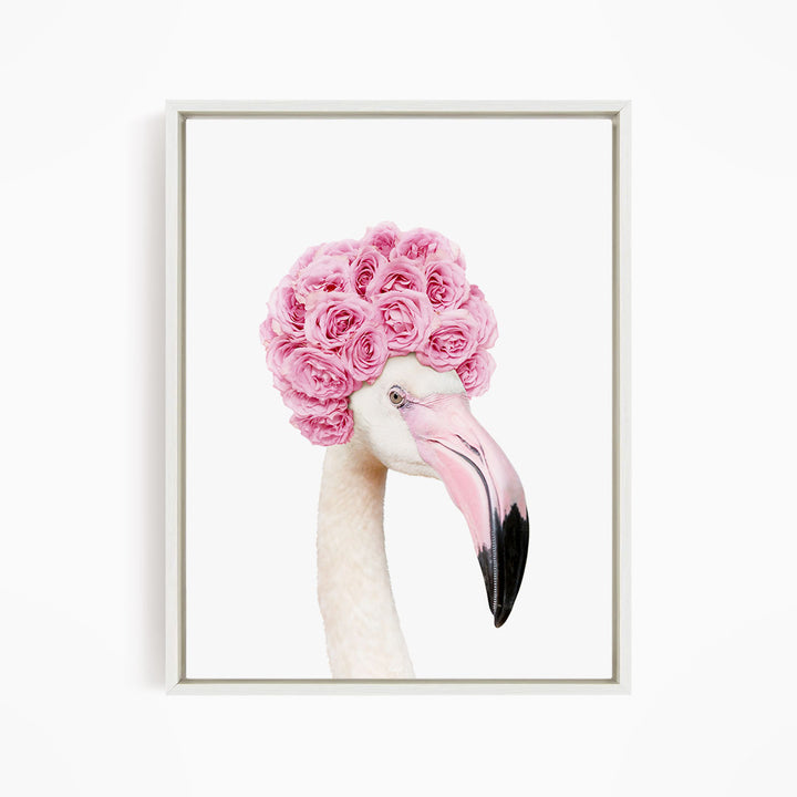 A flamingo with a pink flower crown on its head.