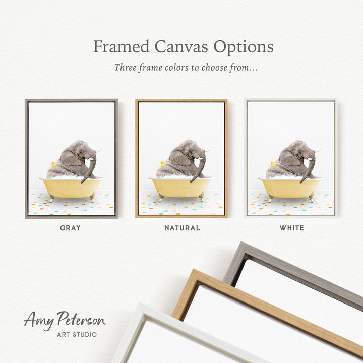 The image is a framed canvas option featuring three different colored frames, each containing a photograph of an elephant sitting in a tub.