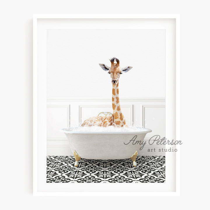 a giraffe sitting in a bathtub with its head sticking out