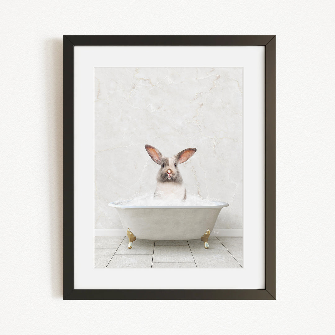 A white rabbit sitting in a white bathtub filled with water, with its head above the water's surface.