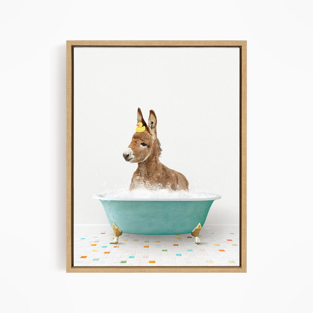 A donkey wearing a yellow hat is sitting in a blue bathtub filled with bubbles, creating a whimsical and playful scene.