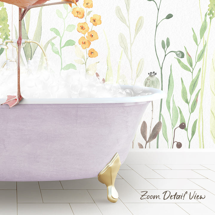 A pink clawfoot bathtub filled with water and surrounded by a floral wallpaper.