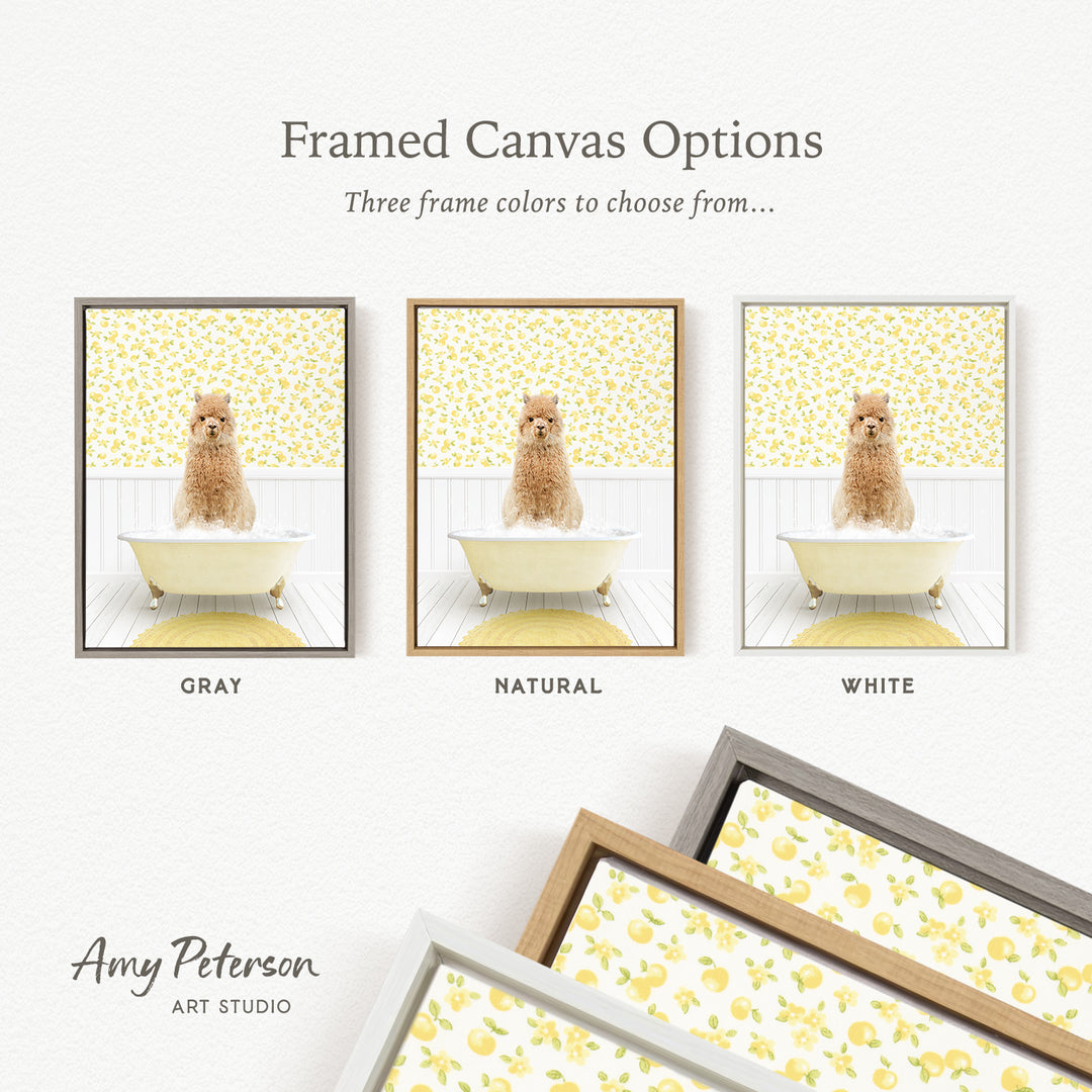 The image is a collage of three framed canvas options, each featuring a dog sitting in a bathtub with a yellow floral pattern on the walls. The options include a gray frame, a natural frame, and a white frame.