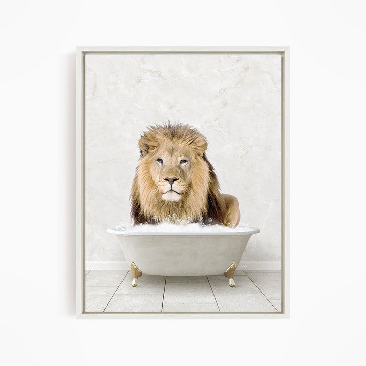 A majestic lion sits in a white bathtub filled with bubbles, exuding a sense of luxury and relaxation.