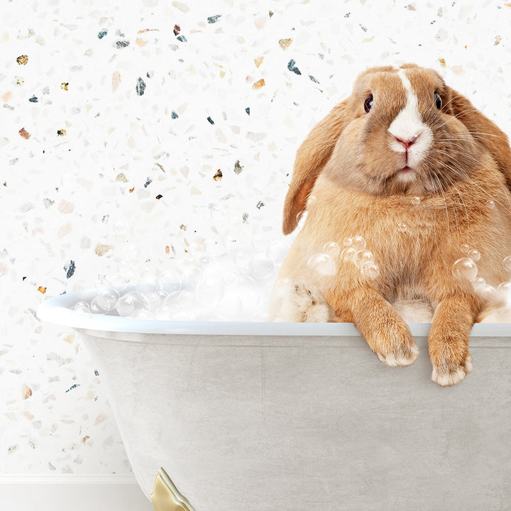 a rabbit is sitting in a bathtub with bubbles