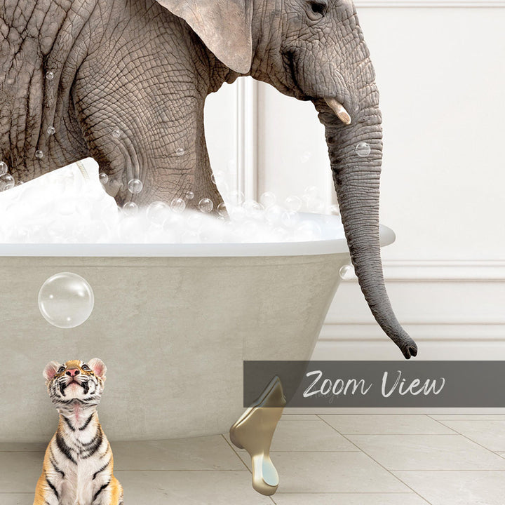 A tiger sitting in a bathtub filled with bubbles, with an elephant standing next to it.