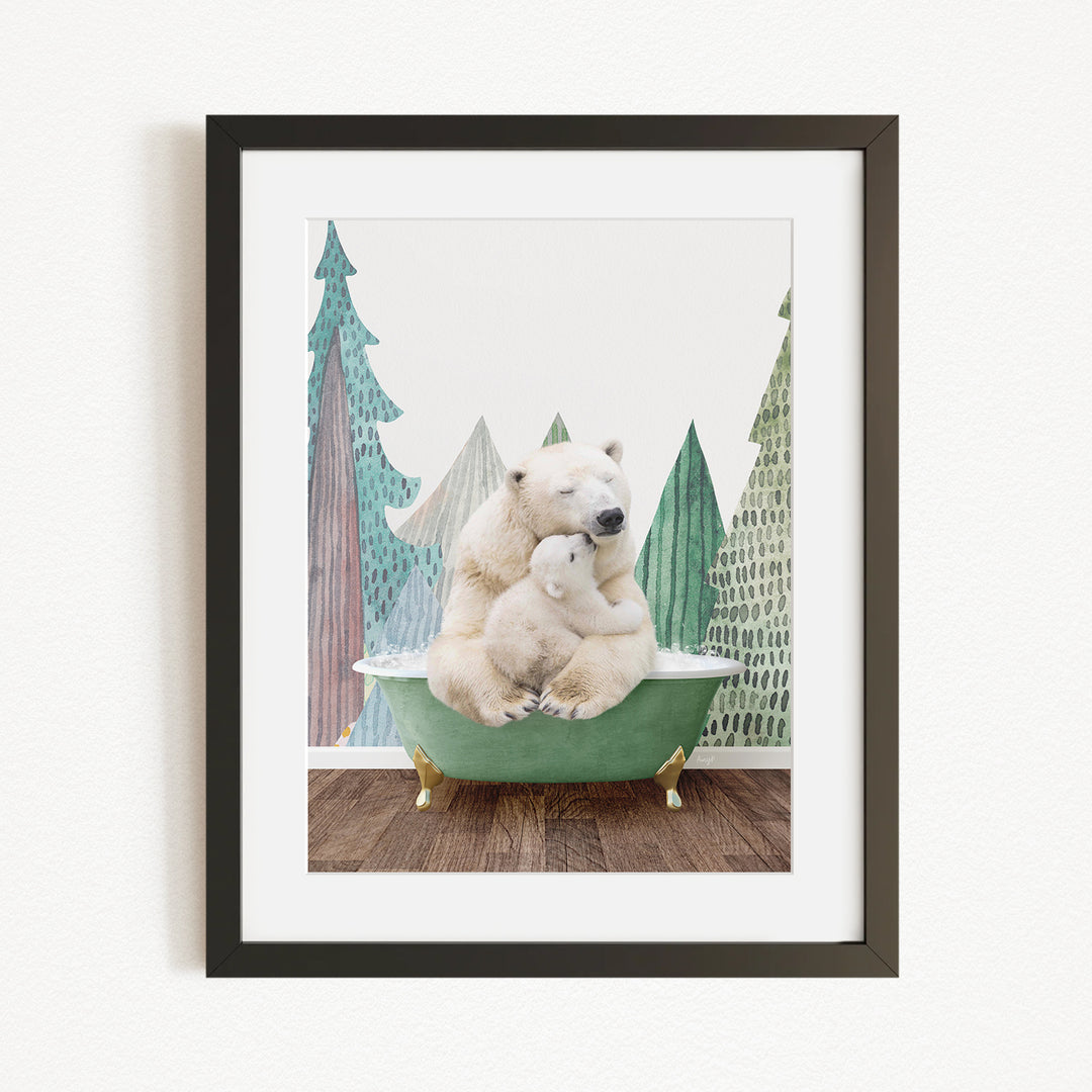 A framed image depicting a mother polar bear sitting in a bathtub, with her cub resting on her lap, surrounded by a forest scene.