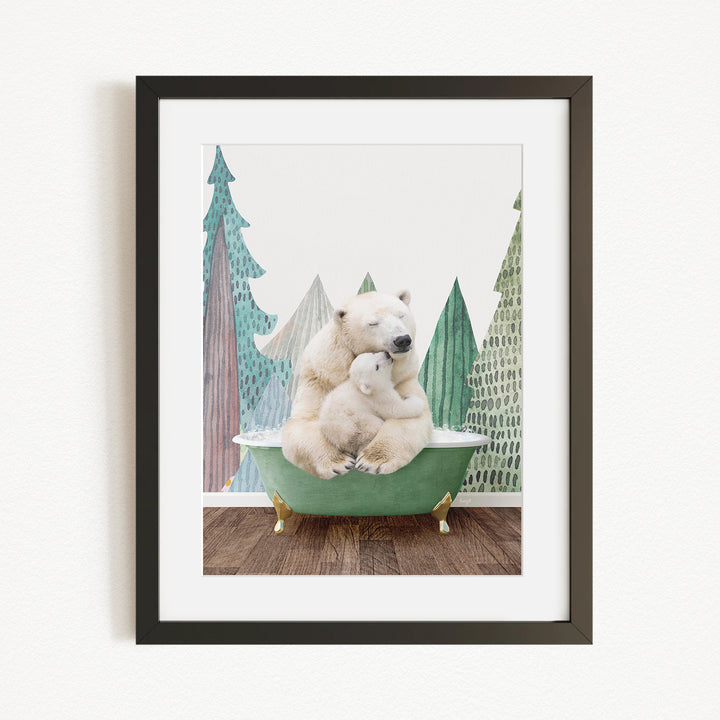 A framed image depicting a mother polar bear sitting in a bathtub, with her cub resting on her lap, surrounded by a forest scene.