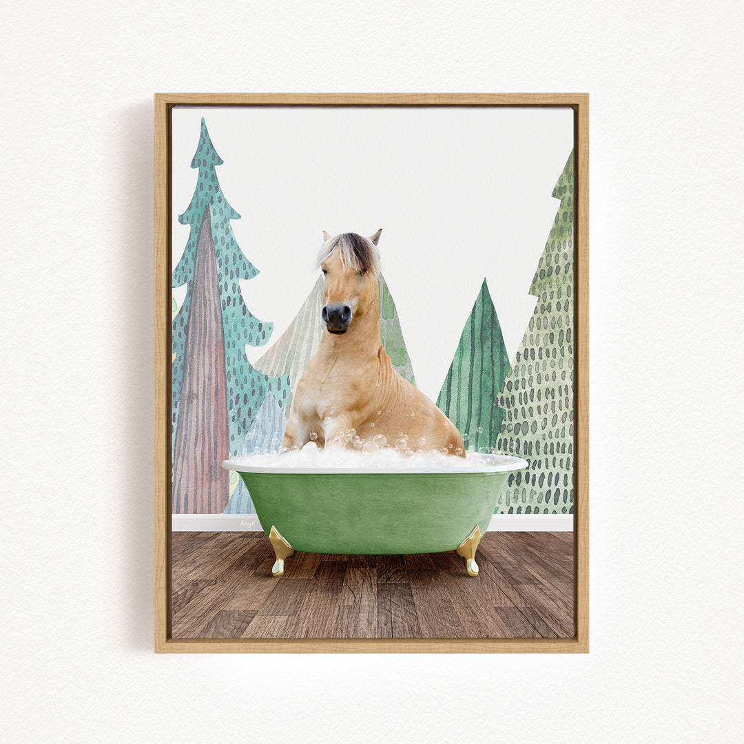 A light brown horse is sitting in a green bathtub, surrounded by a forest-themed background with green trees and a white sky.