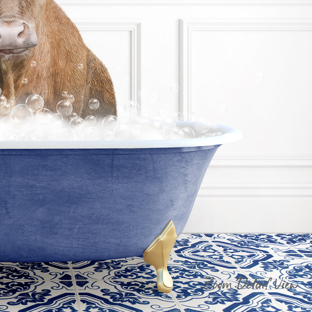 A brown dog is standing in a blue bathtub filled with bubbles, with a gold bathtub faucet visible.