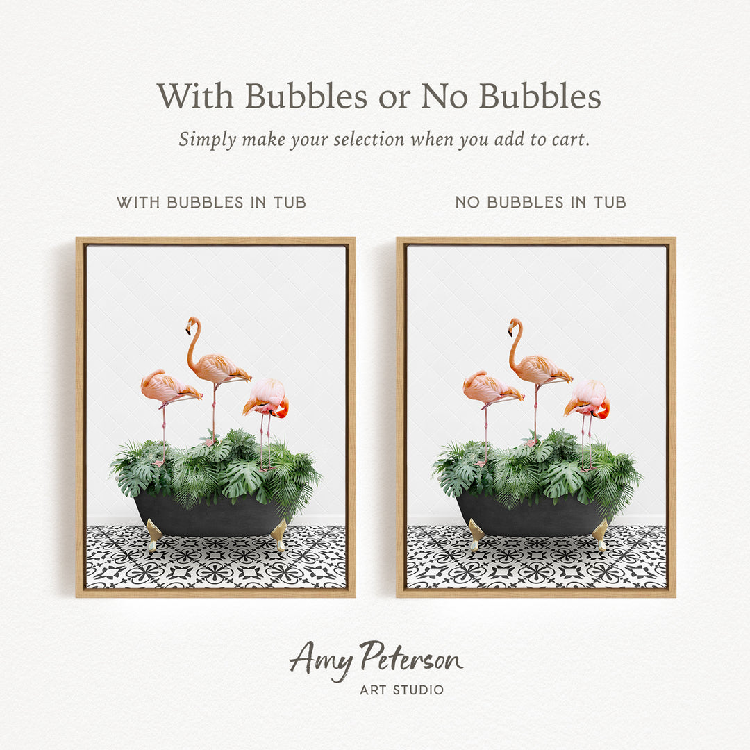 The image is a framed print featuring two different floral arrangements. The first arrangement has a black pot with a plant, and the second arrangement has a black pot with a plant. The text above the images reads "With Bubbles or No Bubbles" and below the images, it says "Simply make your selection when you add to cart."