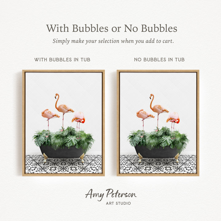 The image is a framed print featuring two different floral arrangements. The first arrangement has a black pot with a plant, and the second arrangement has a black pot with a plant. The text above the images reads "With Bubbles or No Bubbles" and below the images, it says "Simply make your selection when you add to cart."