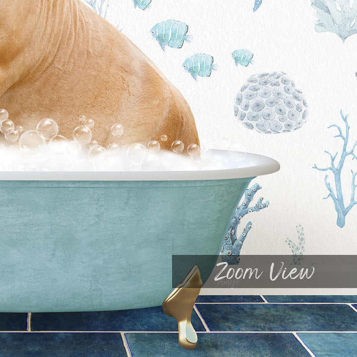 A dog is sitting in a bathtub filled with bubbles, surrounded by a blue and white underwater scene with fish and coral.