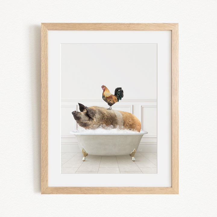 A rooster sits atop a pig in a bathtub, creating a whimsical and humorous scene.