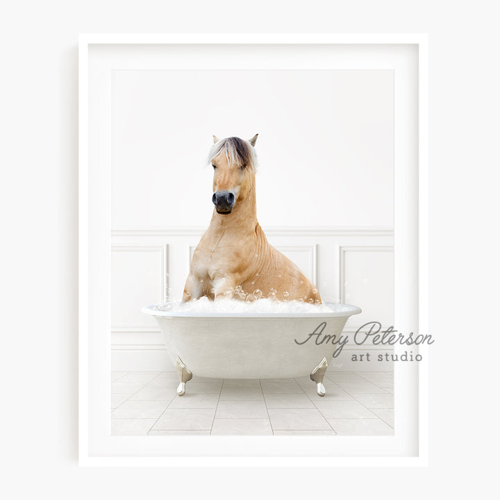 a horse sitting in a bathtub in a bathroom