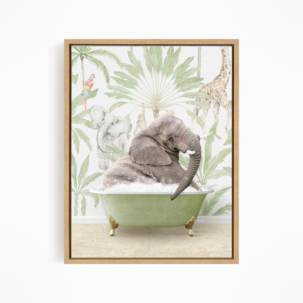 A large elephant is sitting in a green bathtub, surrounded by tropical foliage and other animals, creating a whimsical and playful scene.