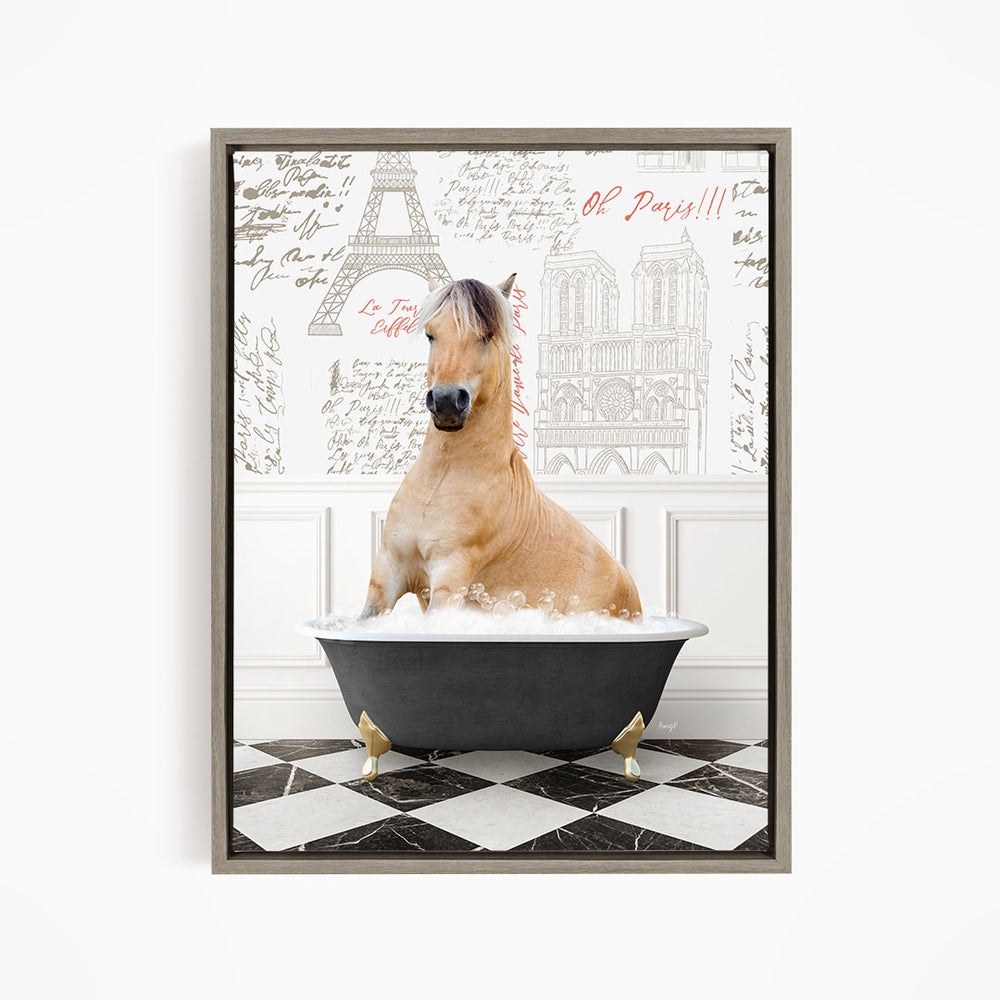 A light brown horse is sitting in a bathtub filled with water, surrounded by a checkered floor and a wall with various inscriptions and illustrations.