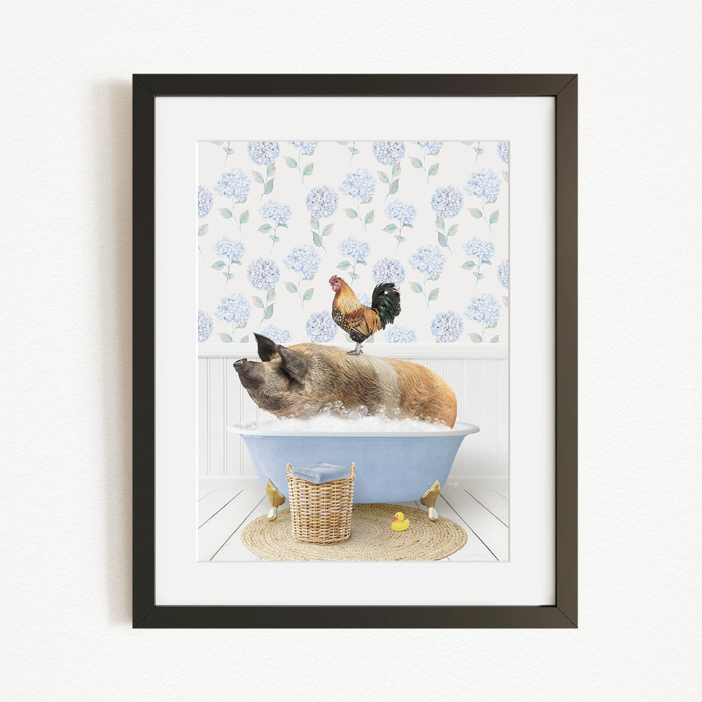 A pig is sitting in a bathtub filled with water, with a rooster perched on its back. The scene is set against a backdrop of blue flowers.