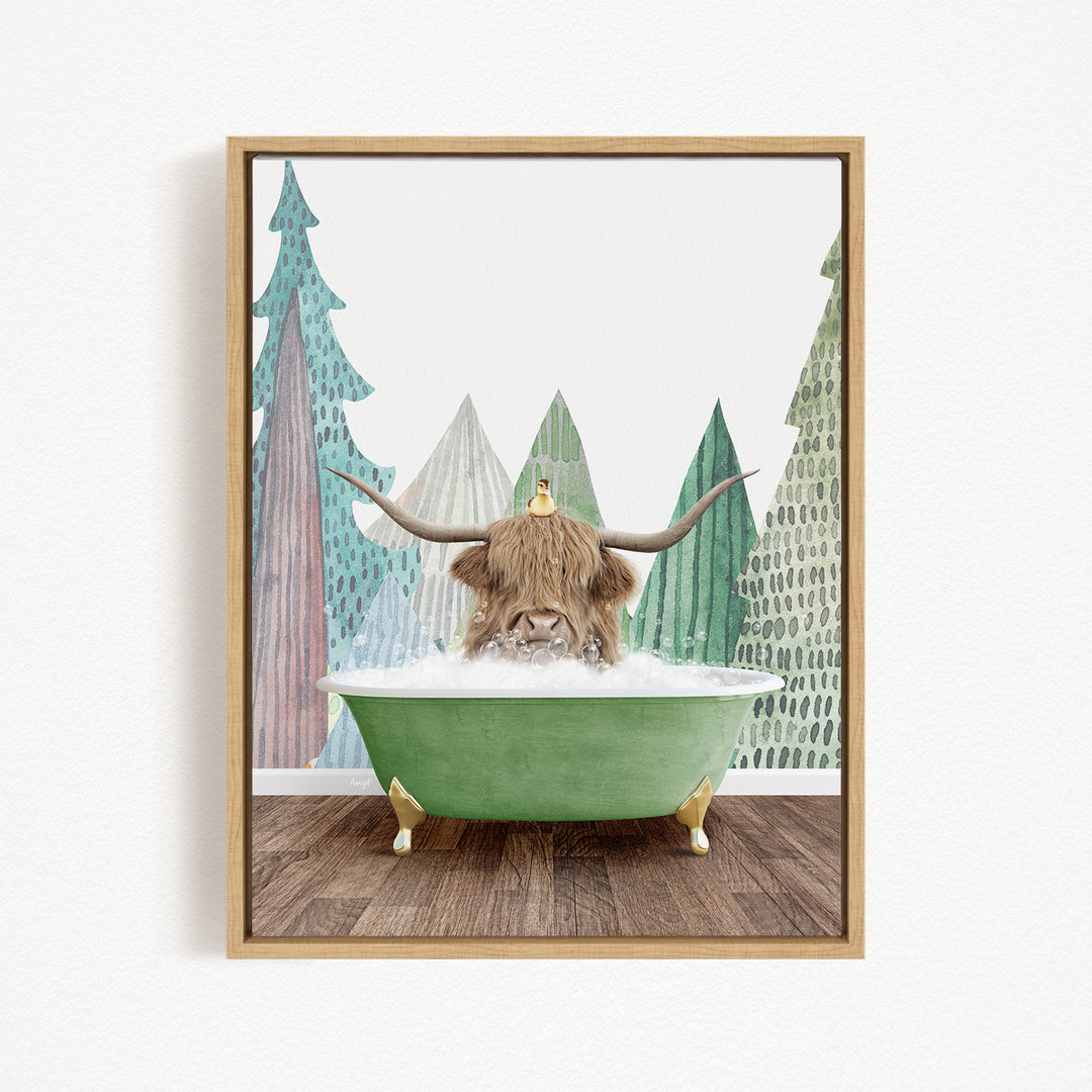 A Highland cow with long horns is sitting in a green bathtub, surrounded by a forest scene with trees and a snowy landscape.
