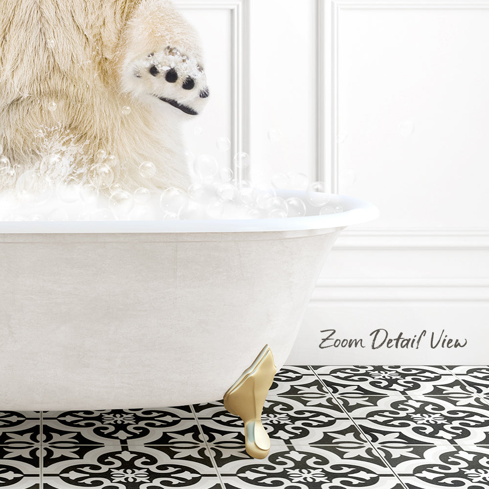 A polar bear is standing in a bathtub filled with bubbles, with a black and white patterned floor in the foreground.