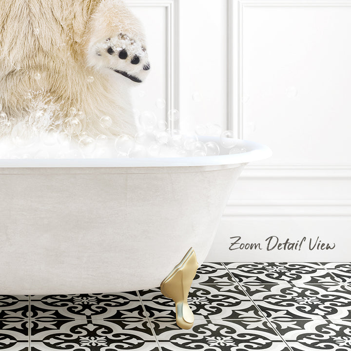 A polar bear is standing in a bathtub filled with bubbles, with a black and white patterned floor in the foreground.