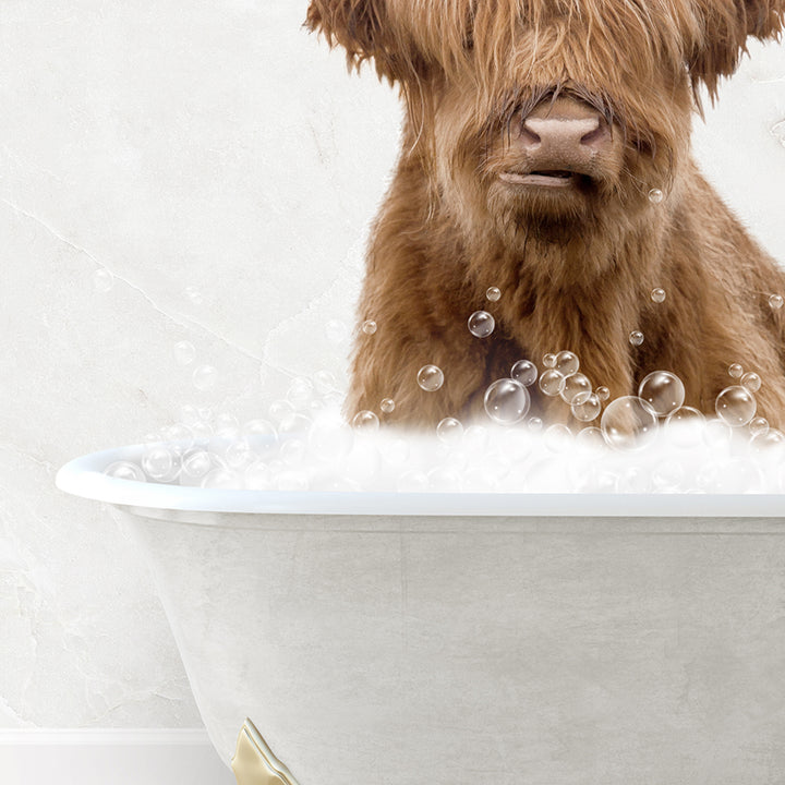 a brown dog sitting in a bathtub filled with bubbles