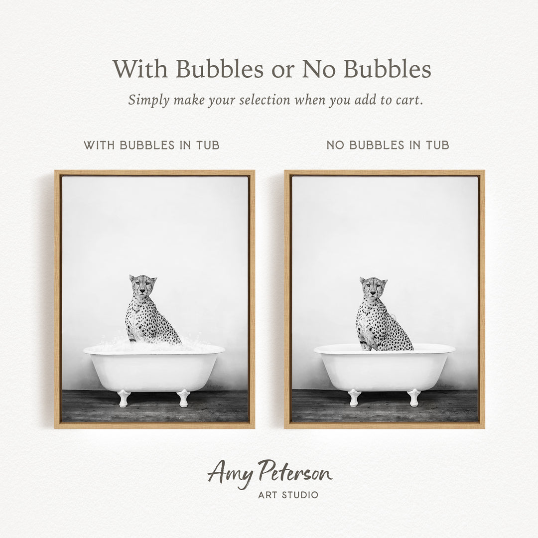 The image is a black and white photograph of a cheetah sitting in a bathtub, with the text "With Bubbles or No Bubbles" above the images.