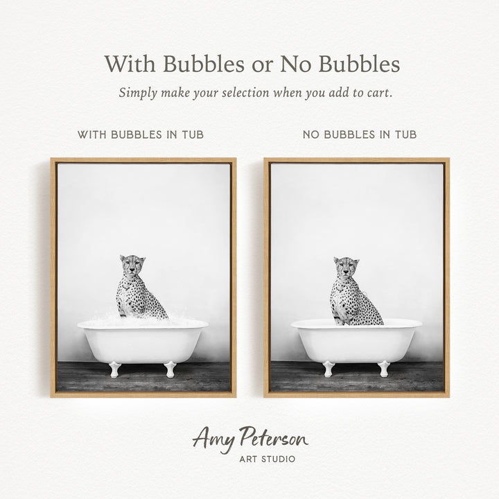 The image is a black and white photograph of a cheetah sitting in a bathtub, with the text "With Bubbles or No Bubbles" above the images.