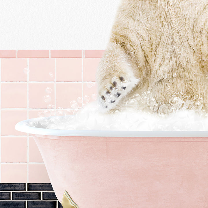 a polar bear sitting in a bathtub full of bubbles