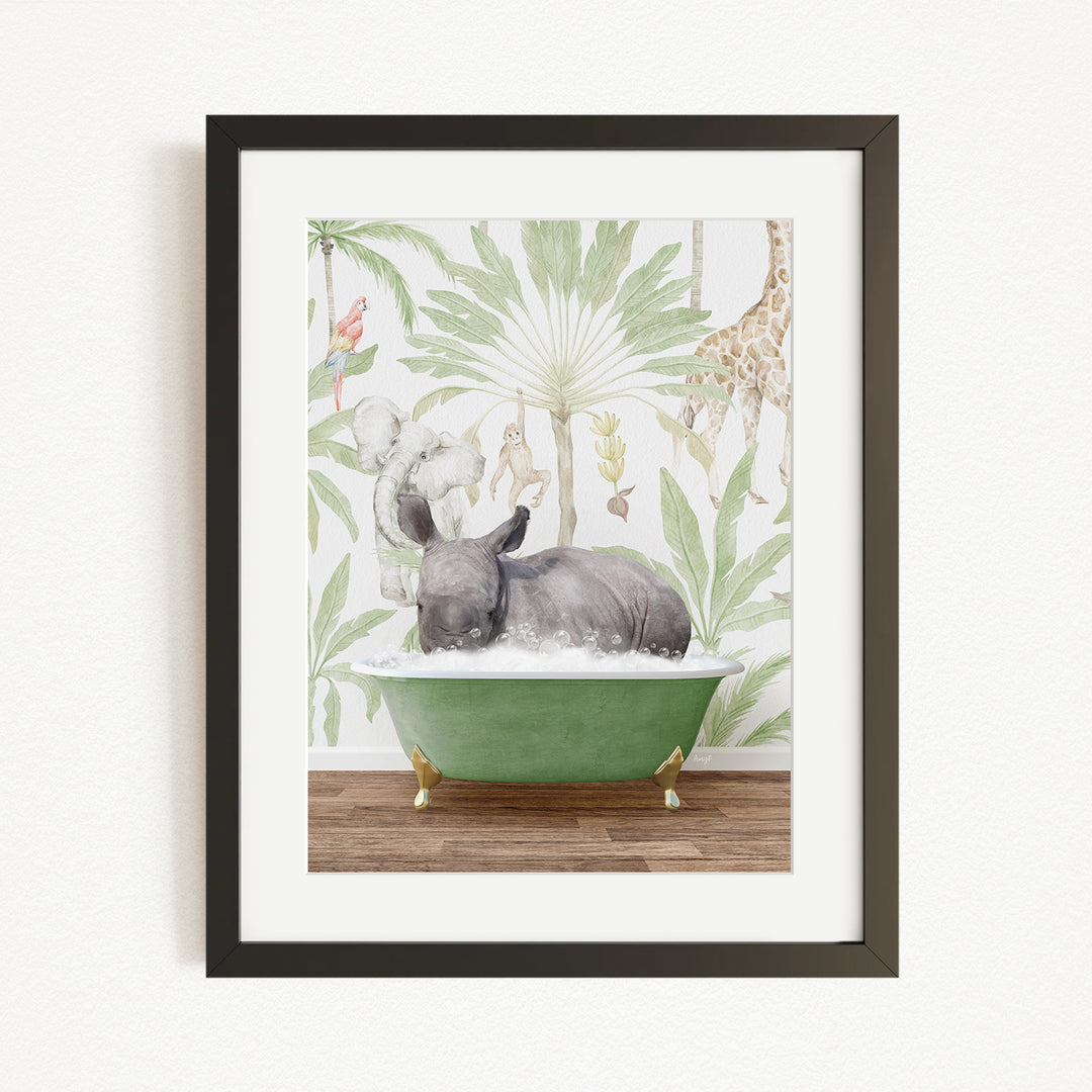 A framed print depicting a rhinoceros sitting in a green bathtub, surrounded by tropical foliage and animals.