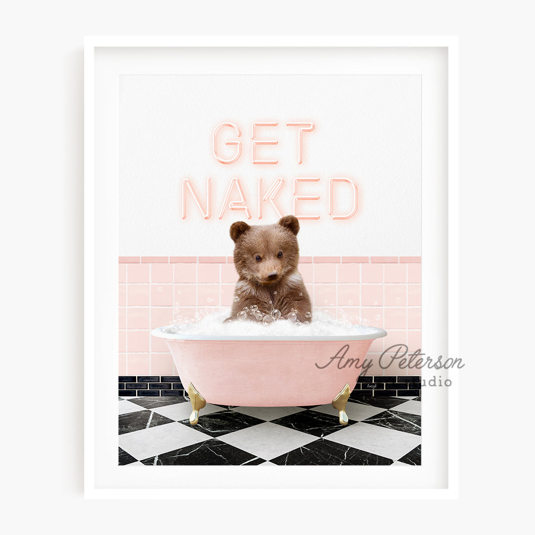 a teddy bear sitting in a bathtub with the words get naked above it