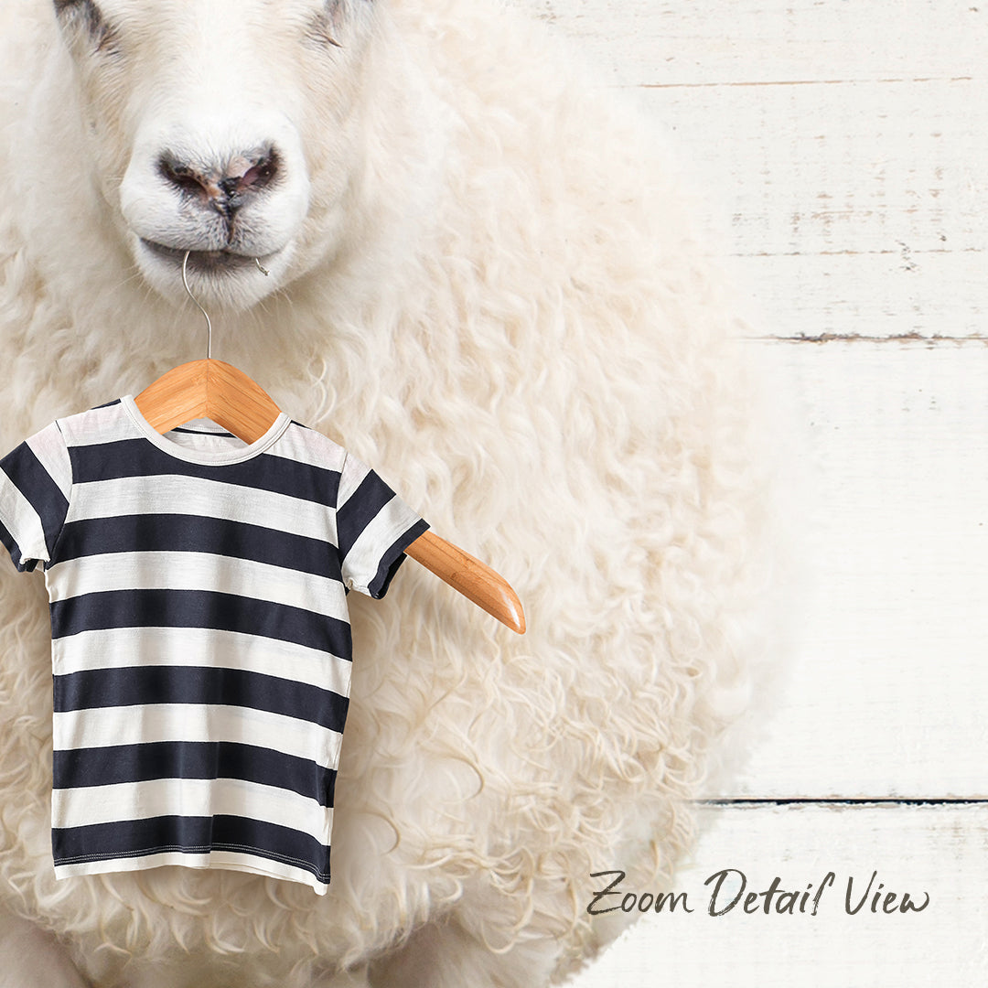 A fluffy white sheep is holding a striped shirt on a wooden hanger against a white wooden background.