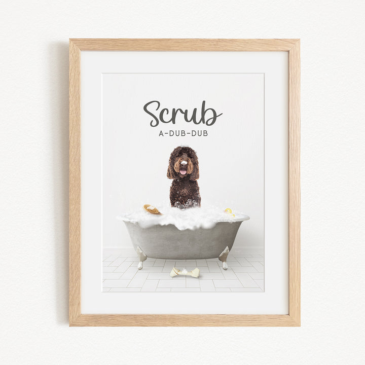 A dog sitting in a bathtub filled with bubbles, with the text "Scrub A-DUB-DUB" above it.