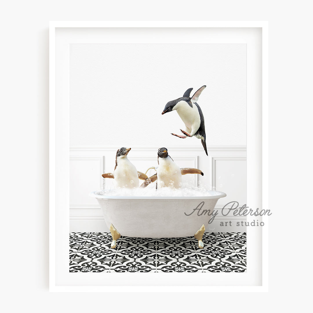 a group of penguins are in a bathtub