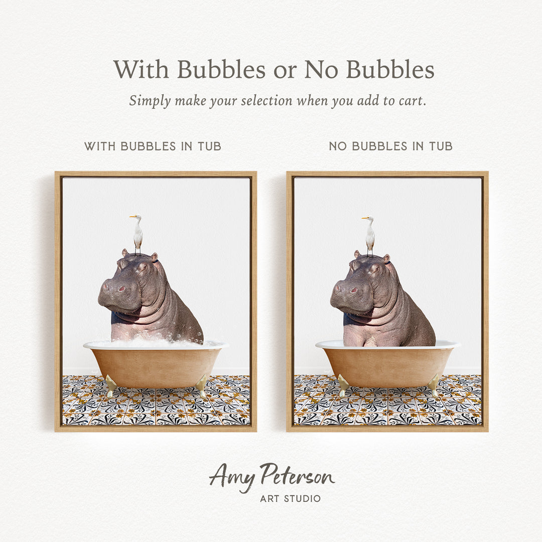 The image is a collage of two pictures, each featuring a hippopotamus in a tub. The first picture has bubbles in the tub, while the second picture does not have bubbles. The text above the images reads "With Bubbles or No Bubbles Simply make your selection when you add to cart."
